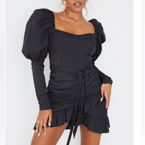 PrettyLittleThing Black Puff Sleeve Ruched Wrap Bodycon Dress - Picture 2 of 4